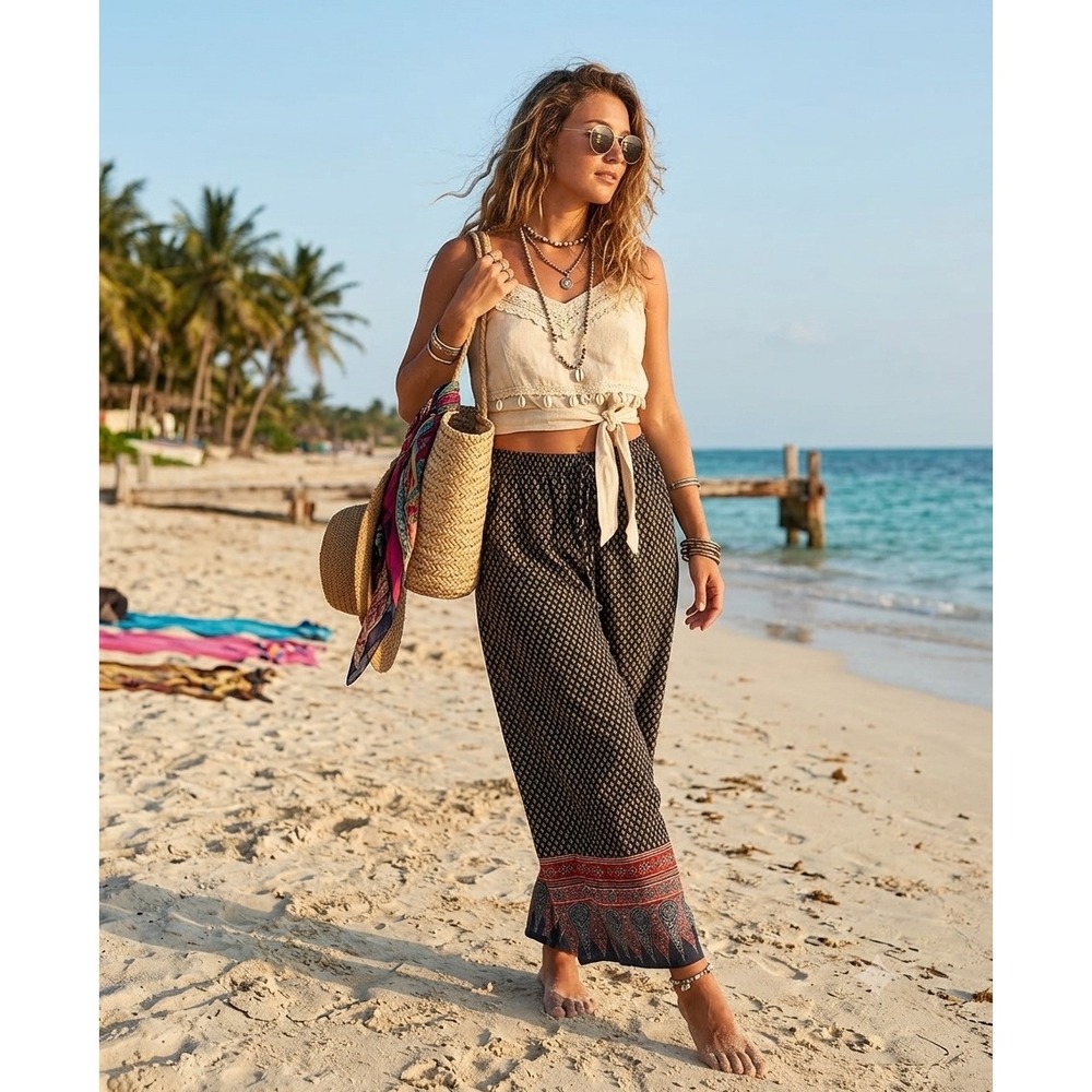 LAUREN Ralph Lauren Size 8 Boho Culotte Pants POCKETS Elastic Waist Drawstring
